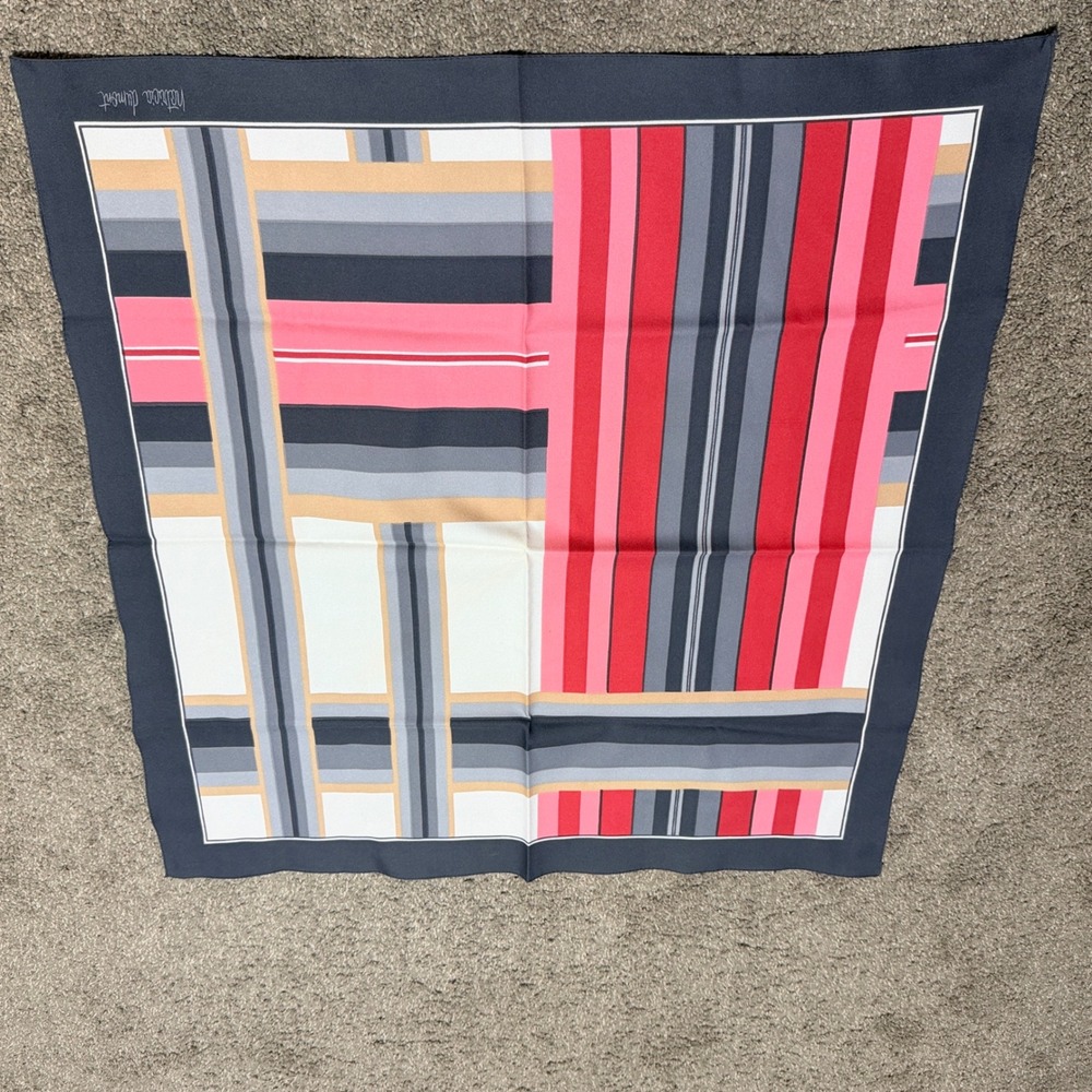 Patricia Dumont Silk Scarf Square Navy Blue Red Pink Geometric Stripe 26.5in